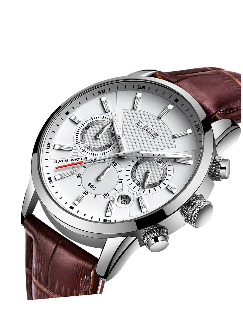 LIGE Men's Luxury Waterproof Leather Brown Strap Fashion Quartz Watches Luminous Chronograph Sports Watch for Business Men  - Image 2