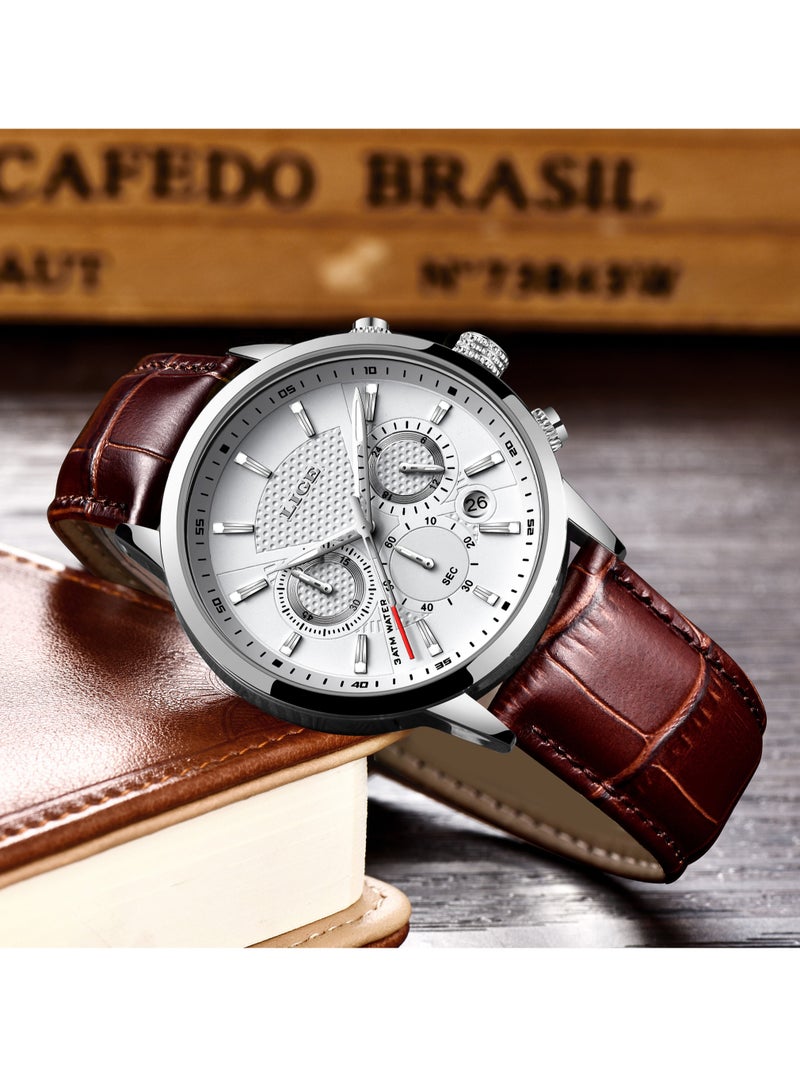 LIGE Men's Luxury Waterproof Leather Brown Strap Fashion Quartz Watches Luminous Chronograph Sports Watch for Business Men  - Image 3