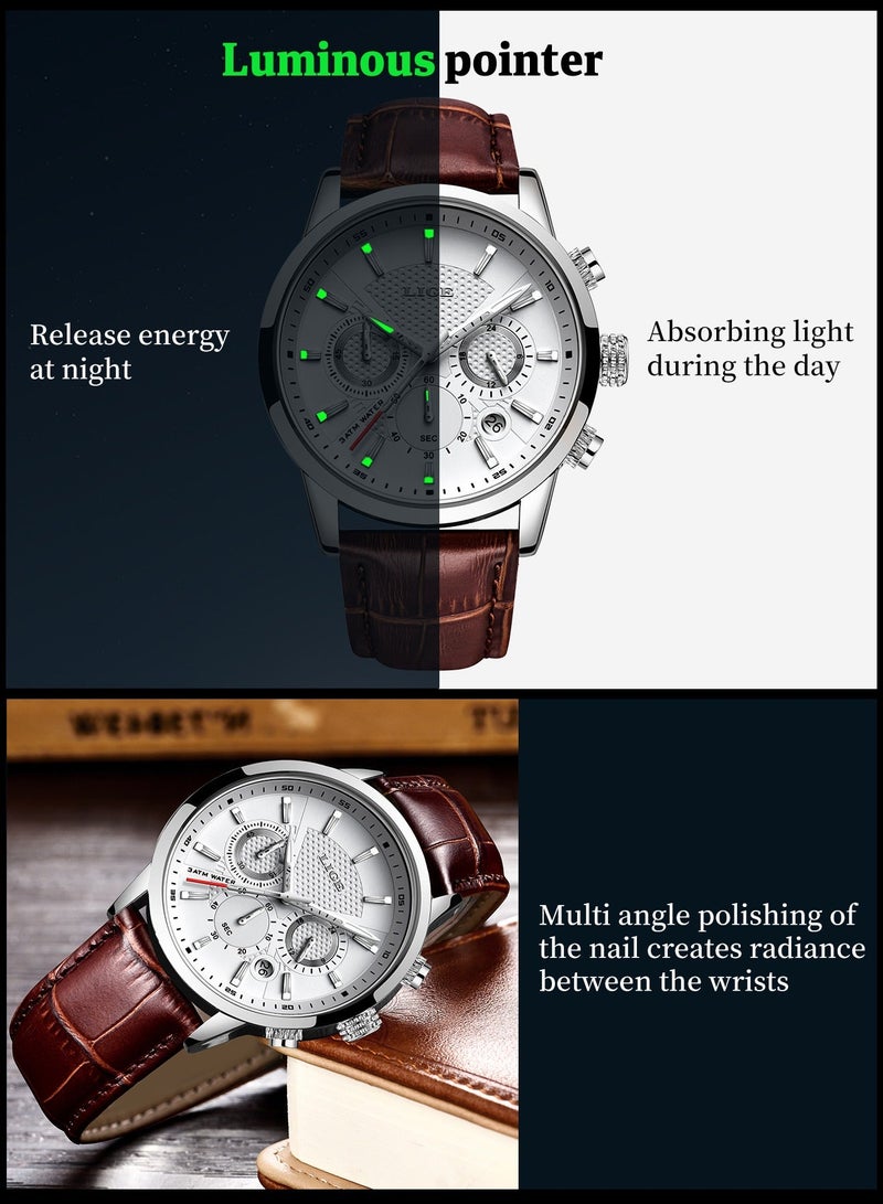 LIGE Men's Luxury Waterproof Leather Brown Strap Fashion Quartz Watches Luminous Chronograph Sports Watch for Business Men - Image 5