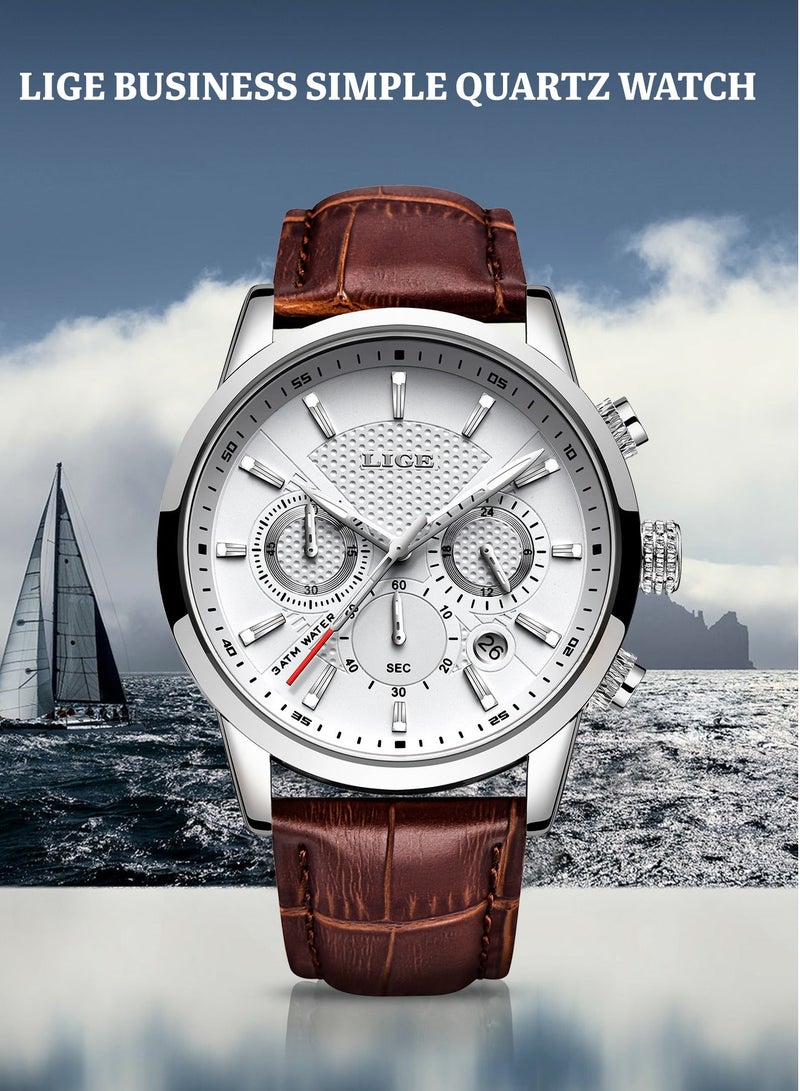 LIGE Men's Luxury Waterproof Leather Brown Strap Fashion Quartz Watches Luminous Chronograph Sports Watch for Business Men - Image 3
