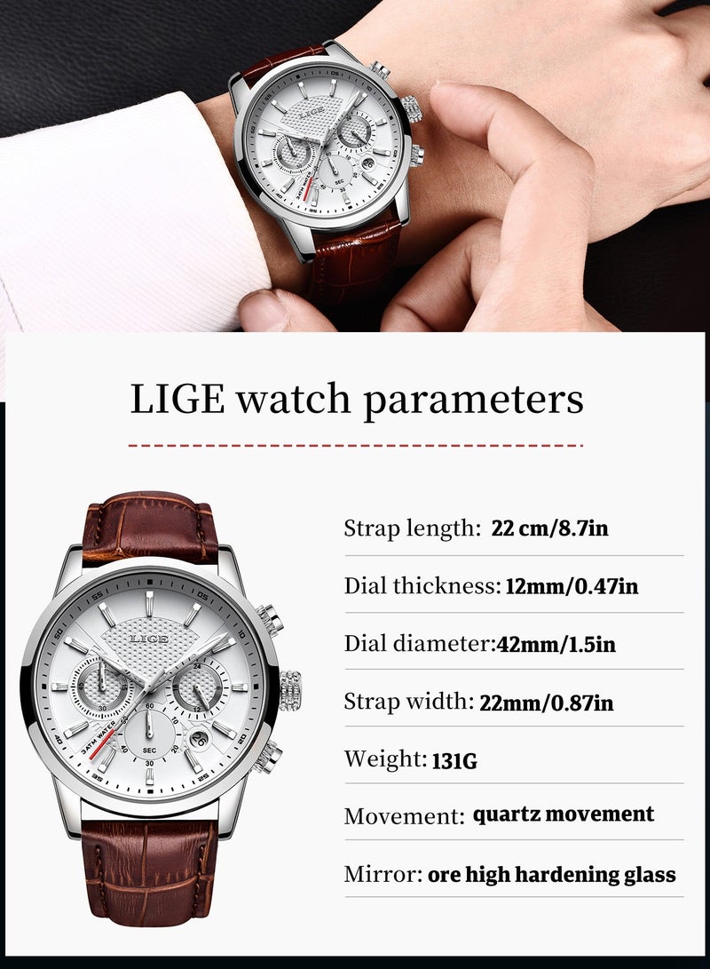LIGE Men's Luxury Waterproof Leather Brown Strap Fashion Quartz Watches Luminous Chronograph Sports Watch for Business Men - Image 4