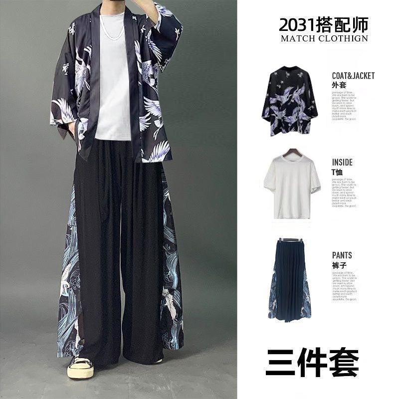 Mens Chinese Style Robe Set Fashion Trendy Hanfu Summer Tang Suit Traditional Costume Blue Crane White T Black Pants