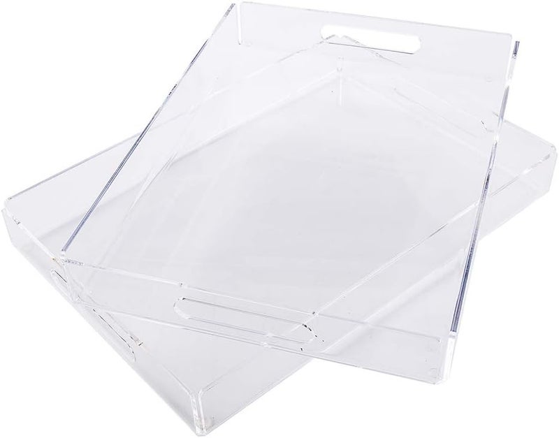 MAONAME e world unbox happiness Clear Acrylic Tray with Handles, Set of 2, Decorative Serving Tray for Coffee Table, Tea, Storage | 15.2" X 11" X 2" Rectangular - Image 1