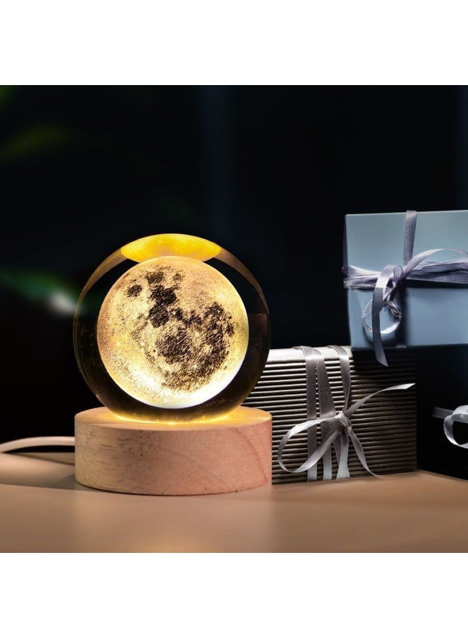 مصباح ليلي ثلاثي الأبعاد على شكل كرة بلورية بتصميم مجرة النظام الشمسي للطاولة بمنفذ USB مع قاعدة خشبية ملونة بإضاءة ليد لتزيين المنزل، هدية عيد ميلاد للمراهقين والأولاد والبنات - Image 5