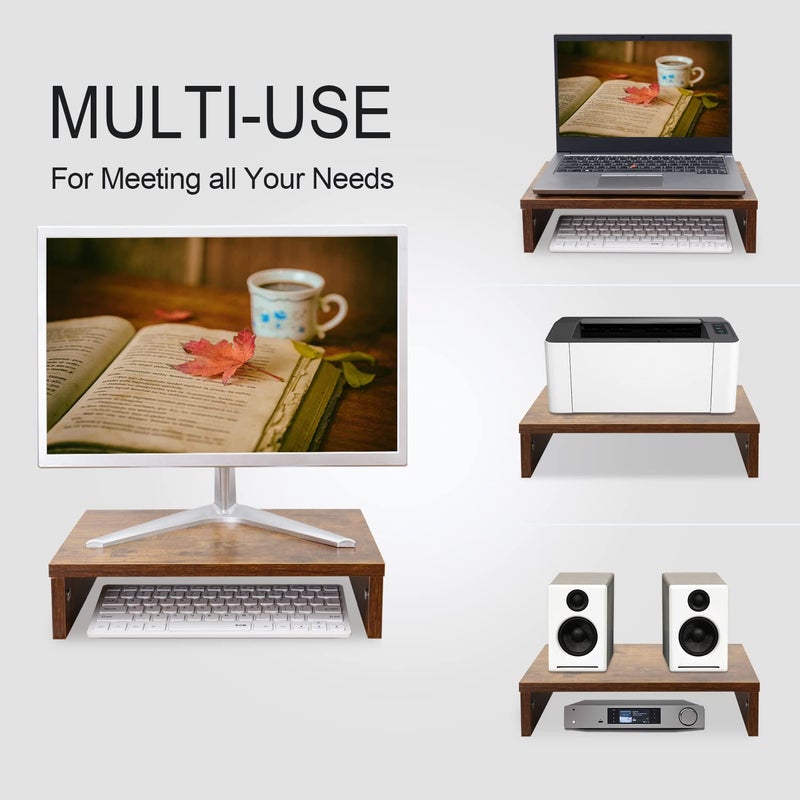 TEAMIX 14.2 inch Monitor Stand Riser, Rustic Brown Wood Monitor Riser with Storage for Desk Small Monitor Stand TV/Screen/PC/Laptop Riser Computer Stand Desktop Shelf (Brown-14.2 inch) - Image 3