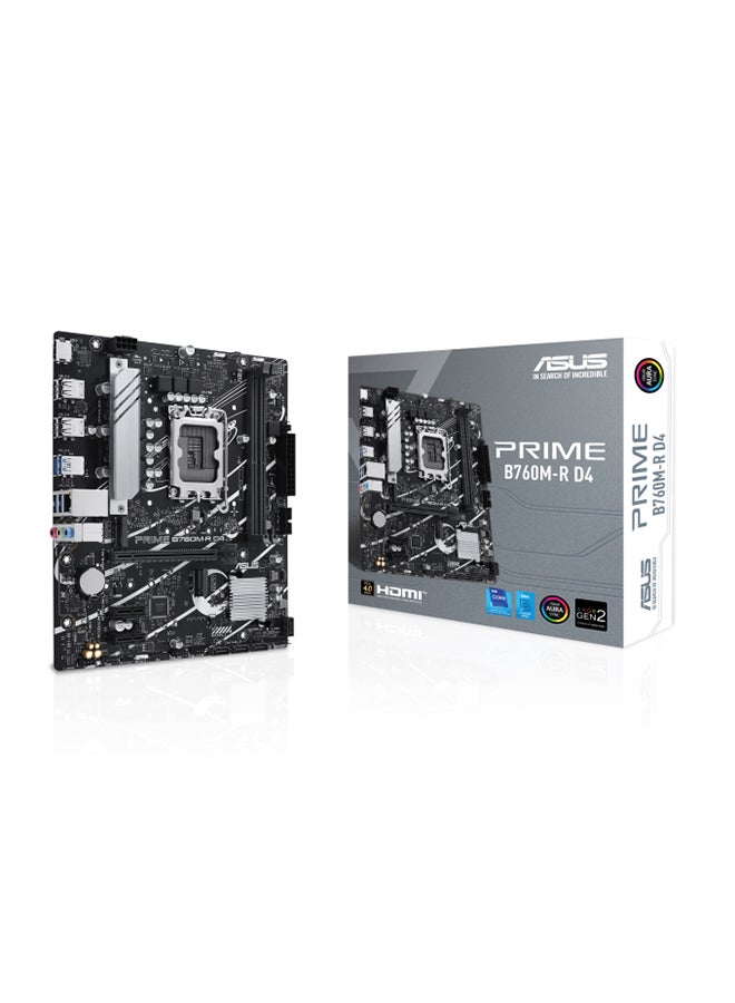 ASUS PRIME B760M-R D4 LGA 1700 Micro-ATX Motherboard, 2xDDR4 DIMM, Max 64GB Memory, PCIe 4.0 x16, Realtek 2.5Gb Ethernet, HDMI, USB 3.2 Gen 1, Aura Sync | 90MB1HA0-M0EAY0 - Image 1