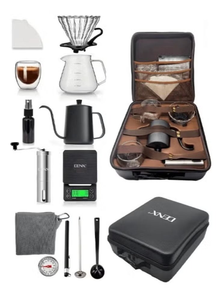 Denx 12-Piece Portable Drip Coffee Maker Kit – Complete Manual Coffee Brewing Set with Accessories & Carrying Bag for Home, Travel, Camping & Office Use - Image 1