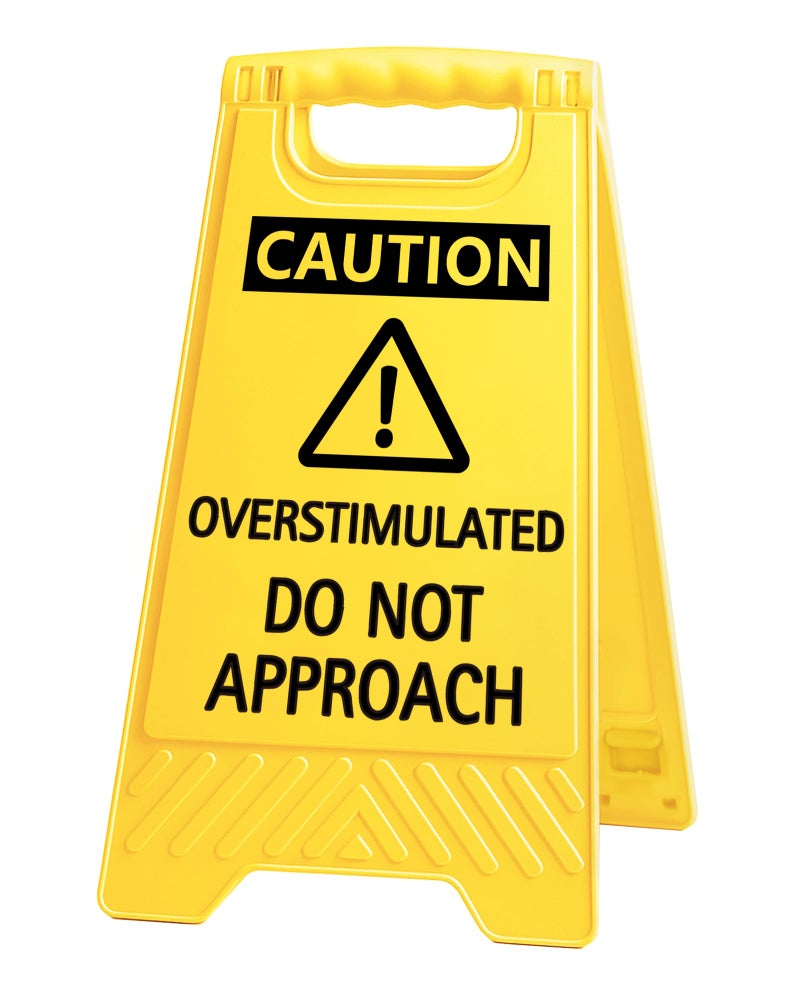 EXUBERIUM Caution Overstimulated Do Not Approach Office Decor Funny Desk Sign for Women Coworkers Valentines Day Gag Gifts for Tax Season Sarcastic Desk Accessories Phone Holder with Mirror