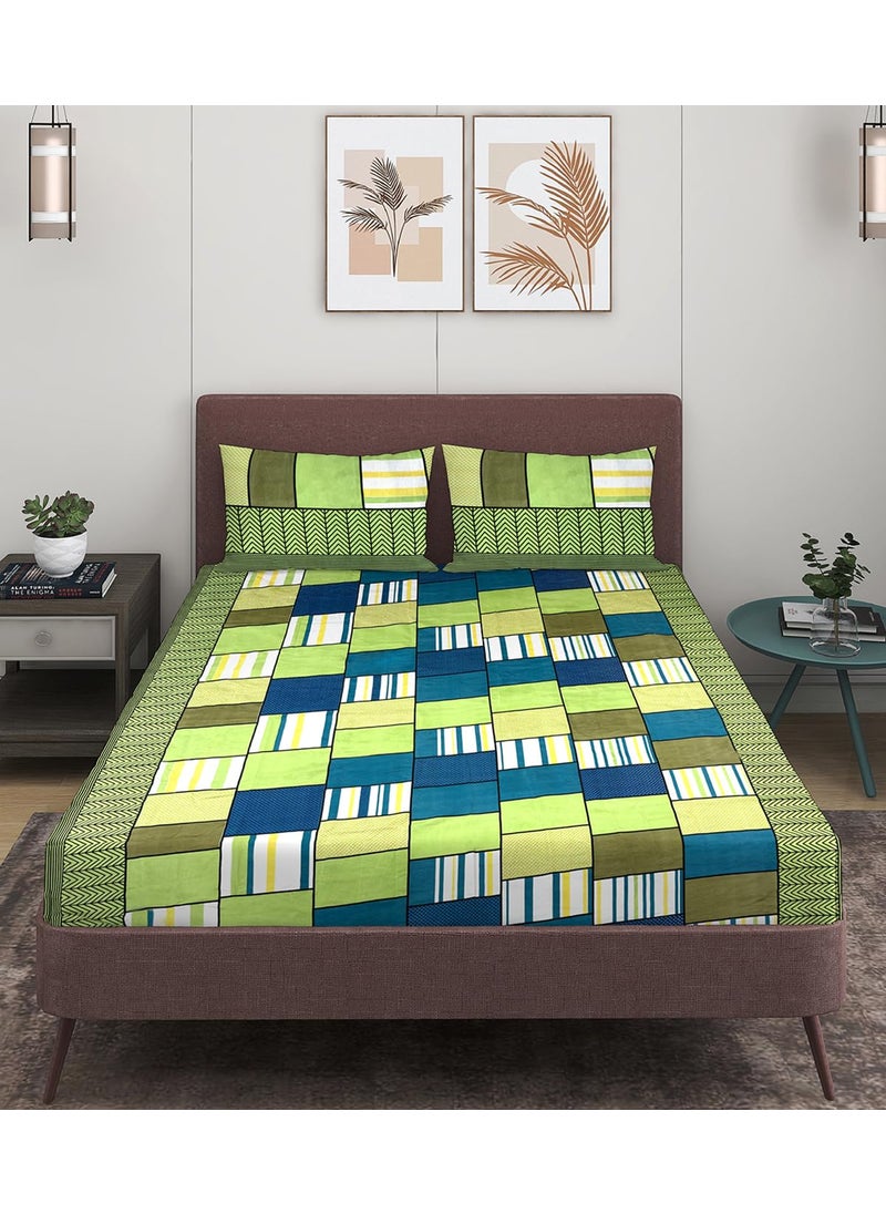 Romee ROMEE Checks Printed Microfiber Bedsheet Double Bed, 144 TC Bed Sheet Double Bed 2 Pillow Covers, Latest Newly Designs Double Queen Size Bedsheet- 88 x 95 Inches, Green & Blue  - Image 1