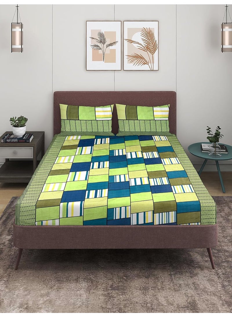 Romee ROMEE Checks Printed Microfiber Bedsheet Double Bed, 144 TC Bed Sheet Double Bed 2 Pillow Covers, Latest Newly Designs Double Queen Size Bedsheet- 88 x 95 Inches, Green & Blue  - Image 2