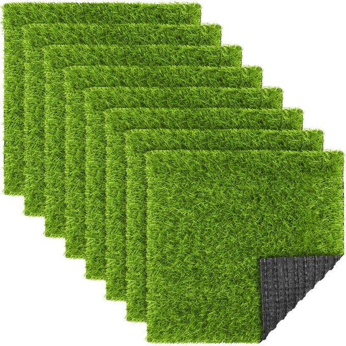 8 Packs 12 x 12 Inch Artificial Grass Mat Squares Synthetic Garden Grass Tiles Fake Grass Turf Patch with Drainage Hole Realistic Grass Rug for DIY Decoration