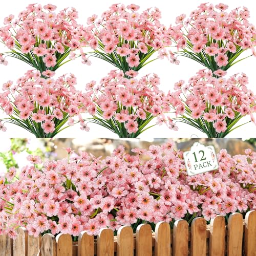 MACTING 12 Bundles Artificial Flowers for Outdoors Fake Flowers UV Resistant Faux Plastic Plants No Fade for Hanging Planters Window Patio Porch Garden Home Indoor Outdoor Spring Decorations,Pink - Image 1