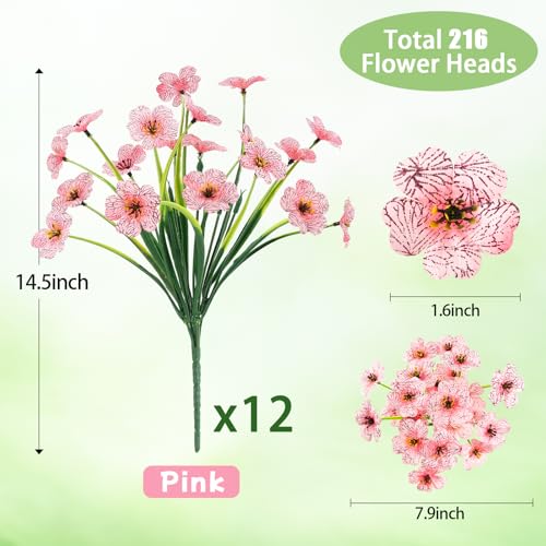 MACTING 12 Bundles Artificial Flowers for Outdoors Fake Flowers UV Resistant Faux Plastic Plants No Fade for Hanging Planters Window Patio Porch Garden Home Indoor Outdoor Spring Decorations,Pink - Image 5