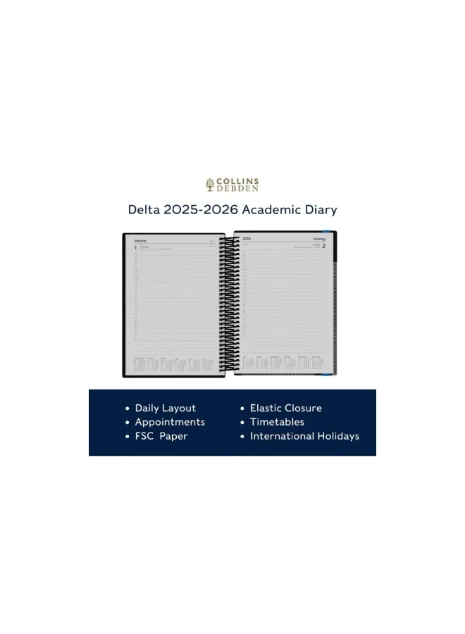 Collins Collins A5 Delta 14 Month Mid/Academic Year Planner, July 2025-August 2026 -Day-to-Page Appointments Diary, A5 Wiro Bound Cover, Blue