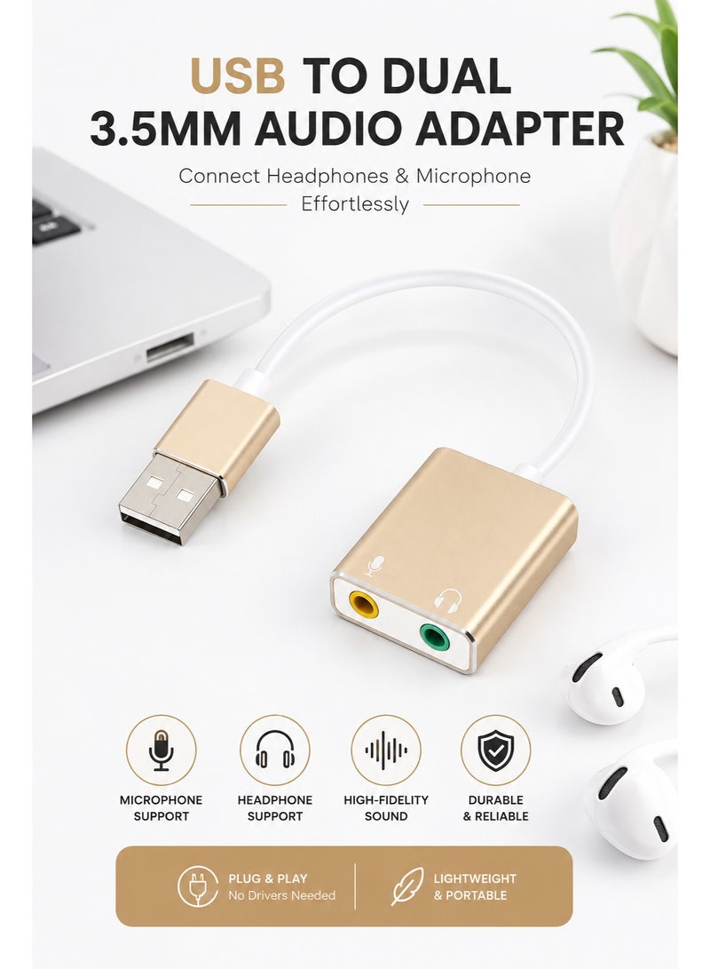 محول USB إلى منفذين صوت 3.5 ملم مطلي بالذهب بطاقة صوت خارجية مع منافذ ميكروفون وسماعة رأس متوافق مع PC و Laptop و PS4 و Windows و Mac و Linux قابل للتوصيل والتشغيل مع تقليل الضوضاء - Image 1