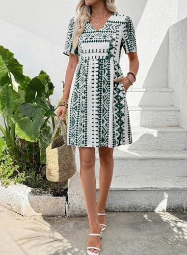 Shein SHEWIN Womens Summer Dresses Comfy Short Sleeve Elegant Boho Dresses for Women Trendy Loose Fit High Waist V Neck Summer Dress 2026 Green Large - Image 4