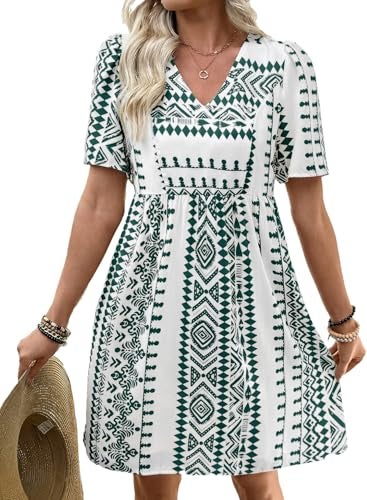 Shein SHEWIN Womens Summer Dresses Comfy Short Sleeve Elegant Boho Dresses for Women Trendy Loose Fit High Waist V Neck Summer Dress 2026 Green Large - Image 1