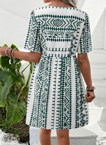 Shein SHEWIN Womens Summer Dresses Comfy Short Sleeve Elegant Boho Dresses for Women Trendy Loose Fit High Waist V Neck Summer Dress 2026 Green Large - Image 3