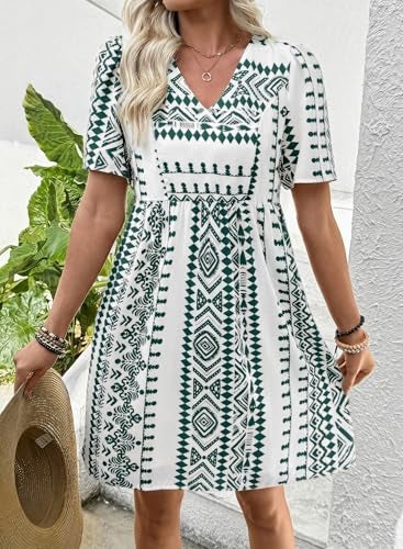 Shein SHEWIN Womens Summer Dresses Comfy Short Sleeve Elegant Boho Dresses for Women Trendy Loose Fit High Waist V Neck Summer Dress 2026 Green Large - Image 2