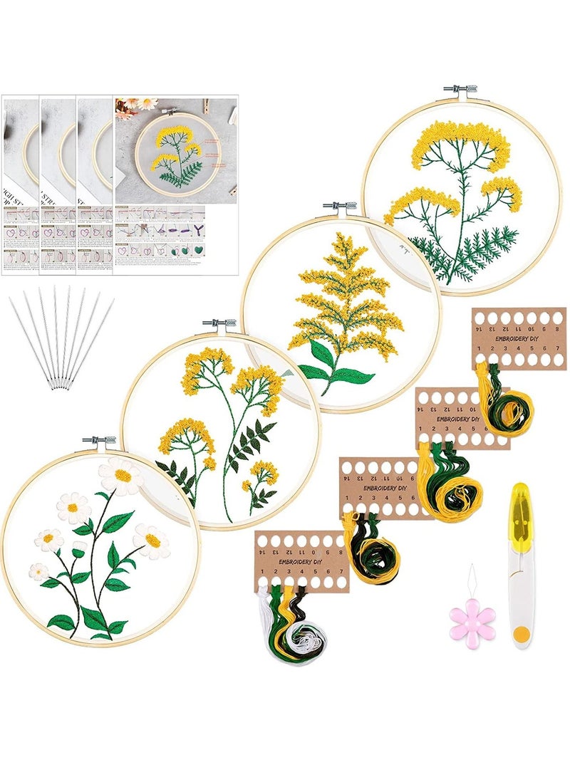 Embroidery Starter Kit with Flower Pattern and Instruction Clear Organza Floral Needlepoint Cross Stitch Kit with Embroidery Hoop Threads Needle Scissors for Beginners DIY Craft 4 Pack - Image 1
