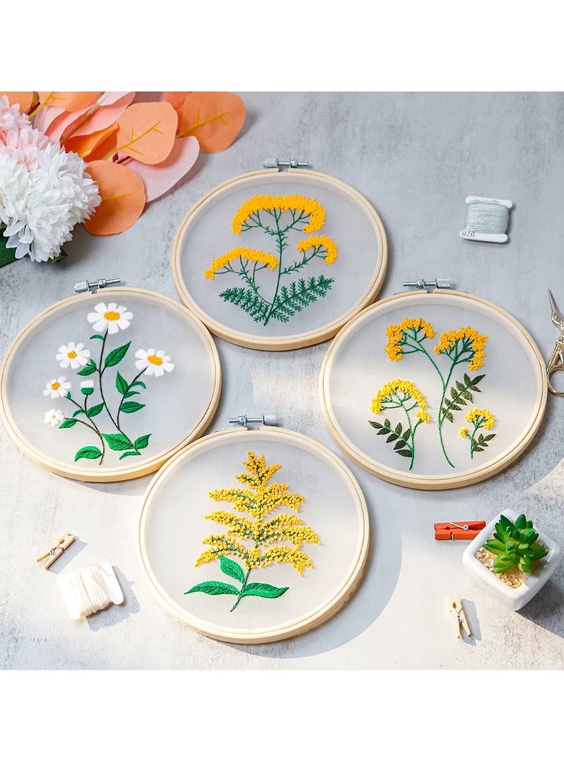 Embroidery Starter Kit with Flower Pattern and Instruction Clear Organza Floral Needlepoint Cross Stitch Kit with Embroidery Hoop Threads Needle Scissors for Beginners DIY Craft 4 Pack - Image 2