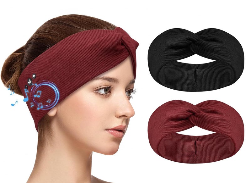 BULYPAZY 2-Pack Headband Headphones with Thin HD Speakers, Bluetooth Headband for Women, Stylish Knotted Design, Wireless Bluetooth Headphones for Workout, Daily Life, Yoga, Travel, Meditation - Red&Black