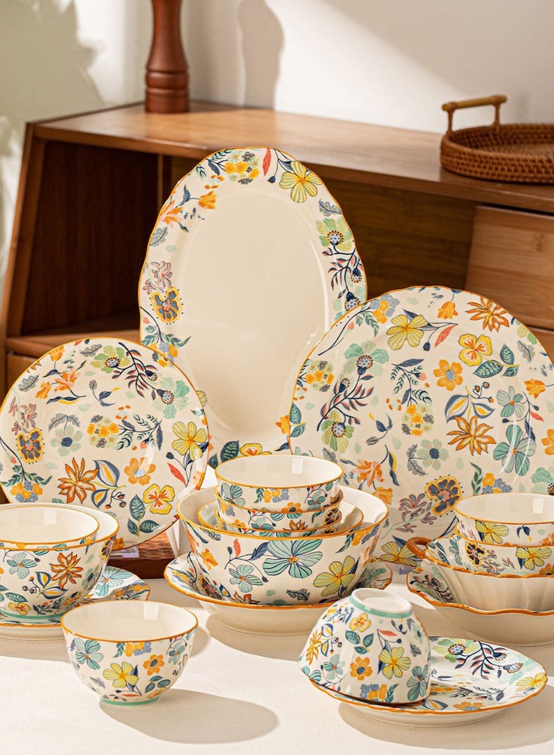 طقم عشاء من ١٨ قطعة، طقم هدايا، أدوات مائدة سيراميك كلاسيكية أنيقة، آمنة للاستخدام في غسالة الصحون والميكروويف، زهور ملونة - Image 4