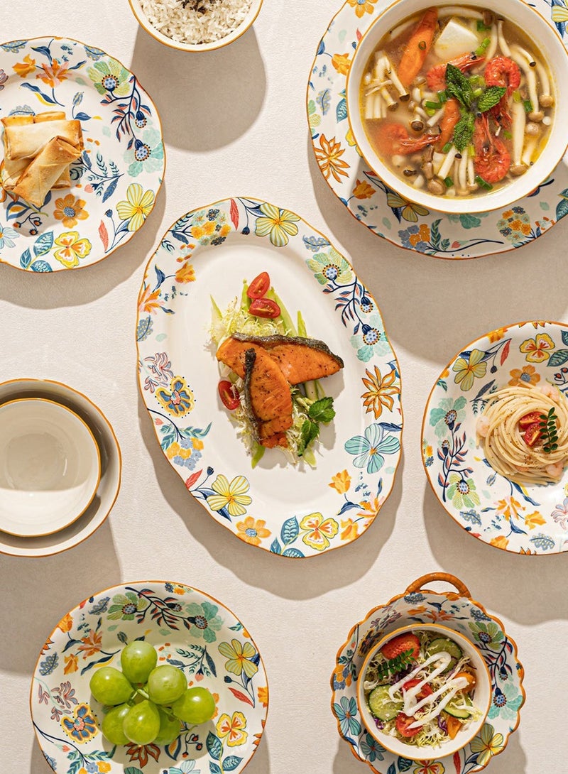 طقم عشاء من ١٨ قطعة، طقم هدايا، أدوات مائدة سيراميك كلاسيكية أنيقة، آمنة للاستخدام في غسالة الصحون والميكروويف، زهور ملونة - Image 5