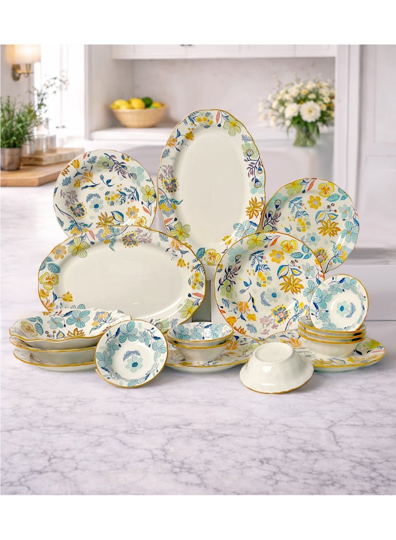 طقم عشاء من ١٨ قطعة، طقم هدايا، أدوات مائدة سيراميك كلاسيكية أنيقة، آمنة للاستخدام في غسالة الصحون والميكروويف، زهور ملونة - Image 1
