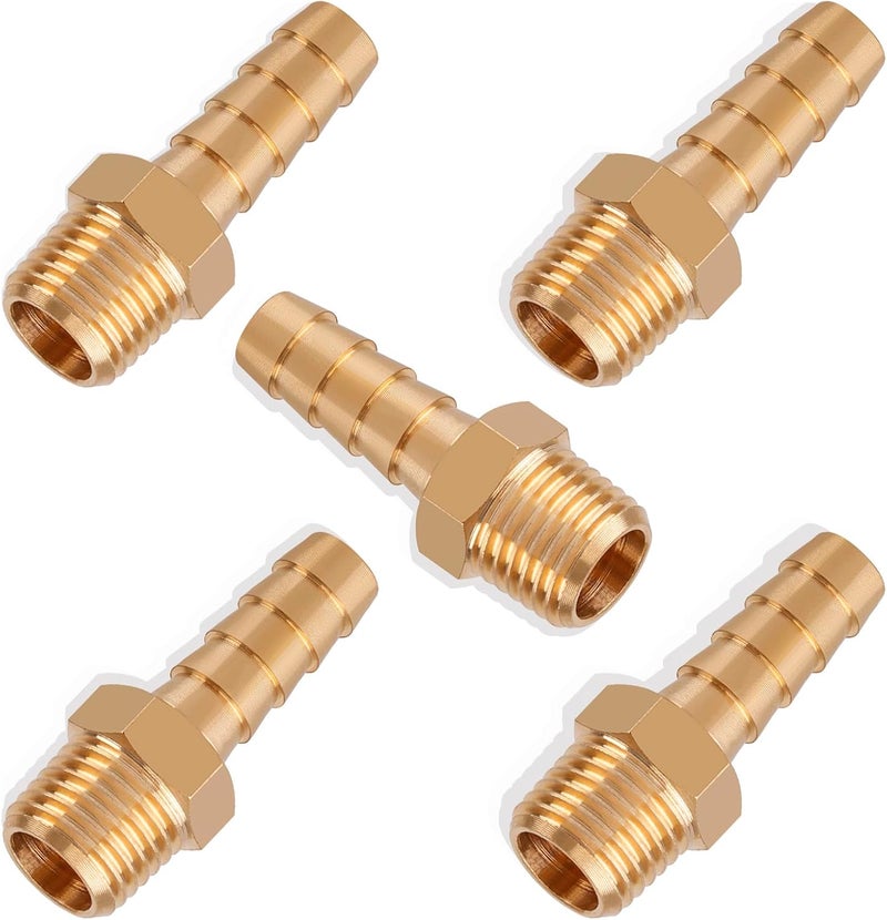 boeray 5pcs Brass Hose Barb Fittings 5/16 Inch Barb to 1/4 Inch NPT Male Thread Air Hose Fittings Adapter Connector Water Fuel Air Line Fittings 5/16” × 1/4” NPT Brass Fittings - Image 1