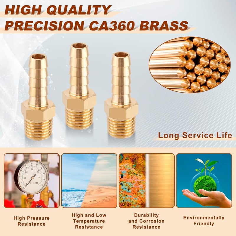 boeray 5pcs Brass Hose Barb Fittings 5/16 Inch Barb to 1/4 Inch NPT Male Thread Air Hose Fittings Adapter Connector Water Fuel Air Line Fittings 5/16” × 1/4” NPT Brass Fittings - Image 3