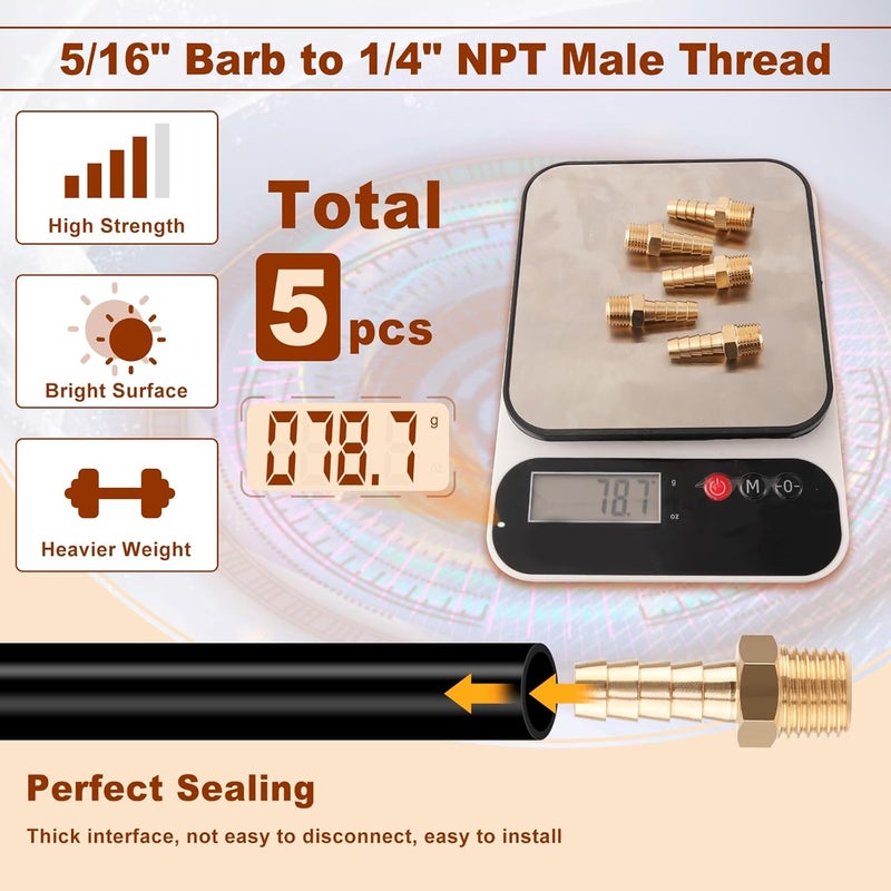 boeray 5pcs Brass Hose Barb Fittings 5/16 Inch Barb to 1/4 Inch NPT Male Thread Air Hose Fittings Adapter Connector Water Fuel Air Line Fittings 5/16” × 1/4” NPT Brass Fittings - Image 5