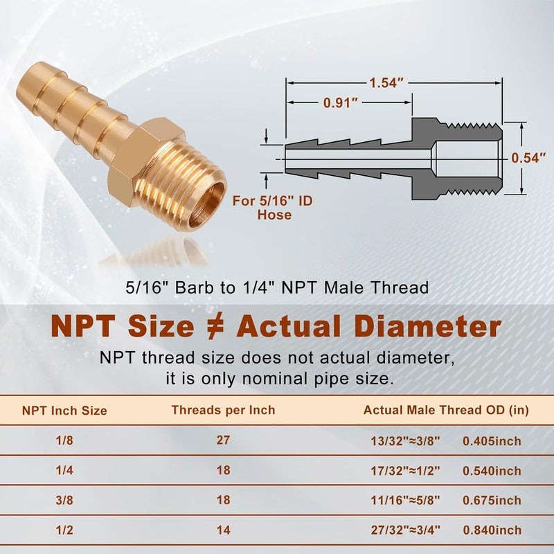boeray 5pcs Brass Hose Barb Fittings 5/16 Inch Barb to 1/4 Inch NPT Male Thread Air Hose Fittings Adapter Connector Water Fuel Air Line Fittings 5/16” × 1/4” NPT Brass Fittings - Image 2