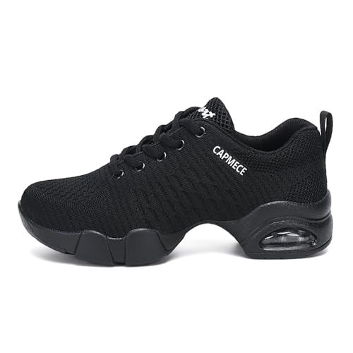 SECHRITE Jazz Sneakers for Women Men Split Sole Dance Sneakers Black Hip Hop Dance Shoes Lace Up Dancing Sneakers Air Cushion Platform Breathable Trainers Athletic Walking Shoes Black 43 - Image 1