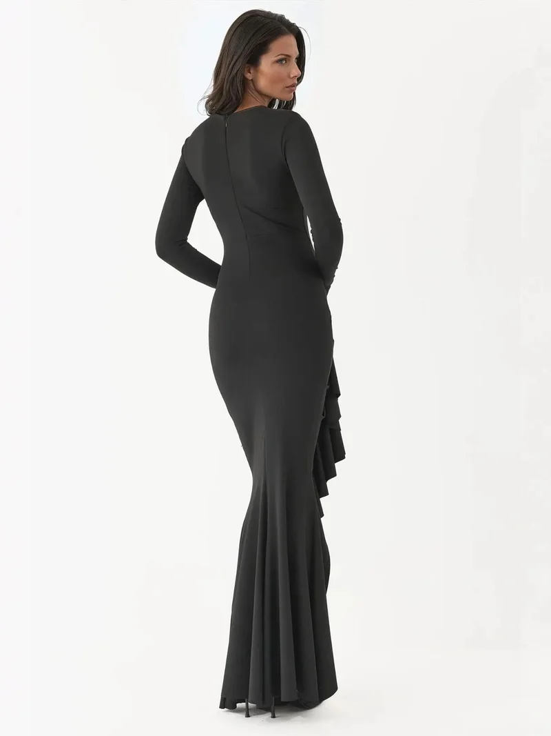 زوبعة فستان طويل بأكمام طويلة وشق مكشكش