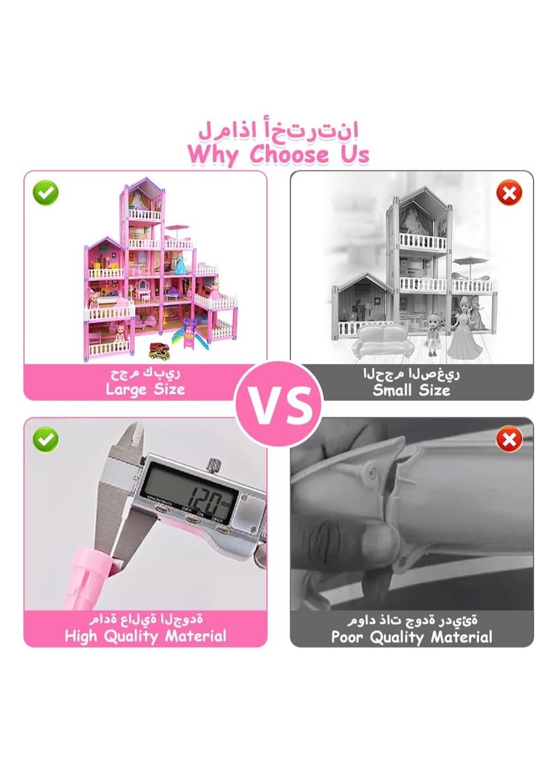 رات سو لعبة بناء دمية بيت الدمى: لعبة تعليمية لبناء بيت الدمى بأثاثه الأحلام، مجموعة لعب للأطفال الصغار، بيت اللعب المصمم بنفسك باللون الوردي لباربي، فكرة هدية للفتيات مع مصباح LED و4 دمى و2 أميرات. للأطفال  - Image 5