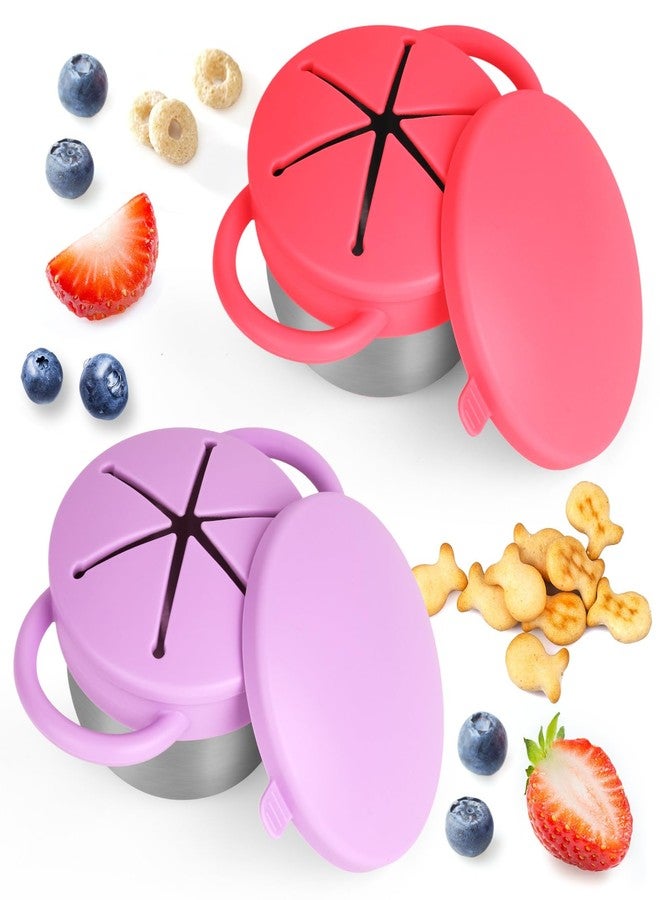 Daximo 2 Pack Snack Cups for Toddlers Spill Proof - Detachable Stainless Steel Toddler Snack Cups with Silicone Lids & Handles - Dishwasher Safe Baby Snack Containers for Mess-Free Snacking (Red and Purple) - Image 1