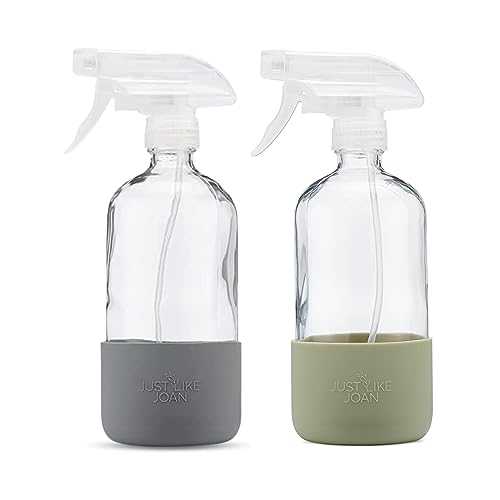 Just Like Joan Clear Glass Spray Bottle with Silicone Sleeve for Cleaning Solutions, Essential Oils, Plants, Vinegar - 16 oz, Refillable, Food Safe (2-PACK: Steel Gray & Sage Green) - Image 1