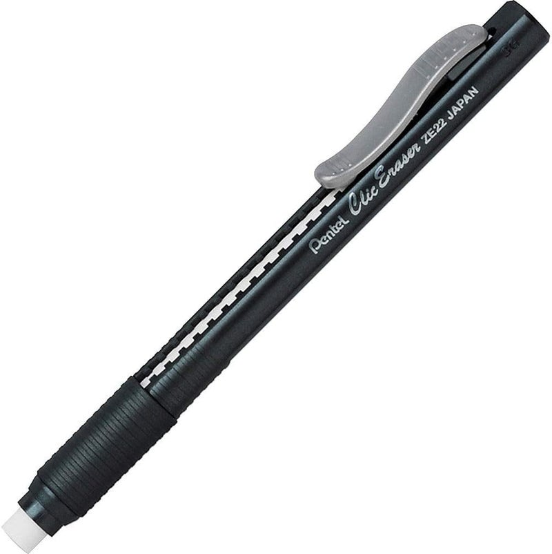 Pentel Clic Eraser, Retractable, Pocket Clip, Rubber Grip, Black Barrel (PENZE22A) - Image 5