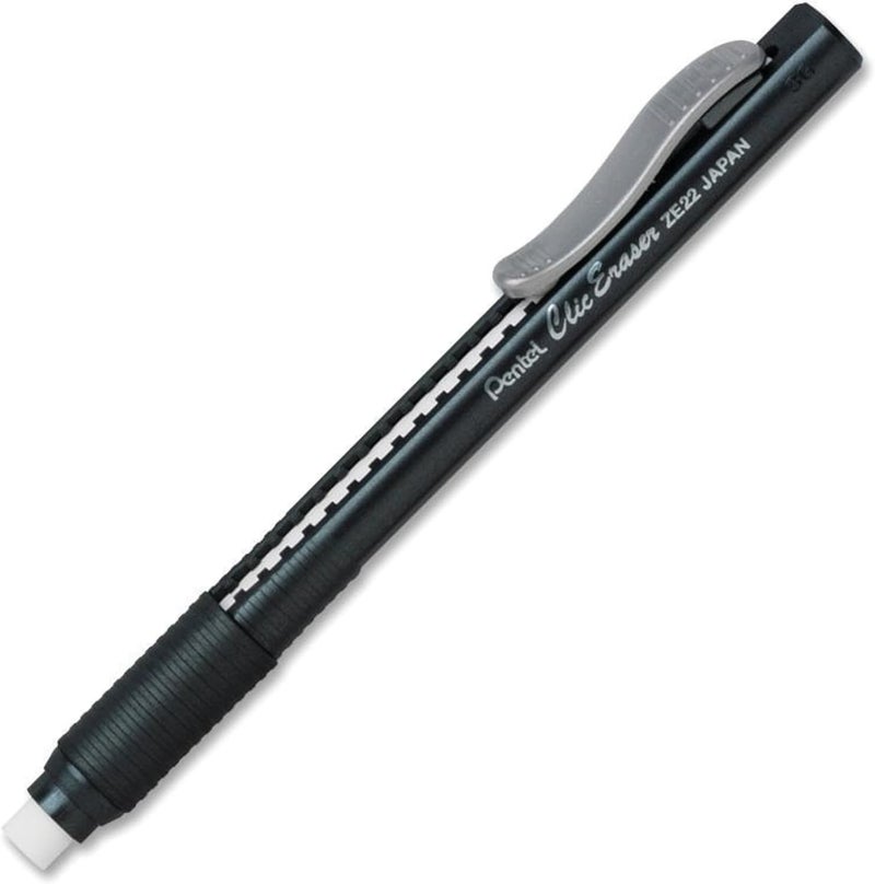 Pentel Clic Eraser, Retractable, Pocket Clip, Rubber Grip, Black Barrel (PENZE22A) - Image 1