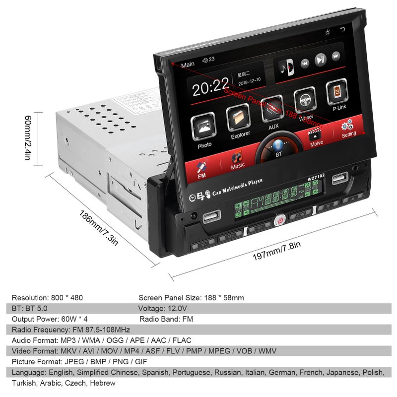 7 Inch Single Din Car Stereo with Telescopic Touchscreen FM Radio BT MP5 Player Support Phone Link Hands-Free Calling TF/UBS/AUX-IN Reverse Picture Steering Wheel Control - Image 3