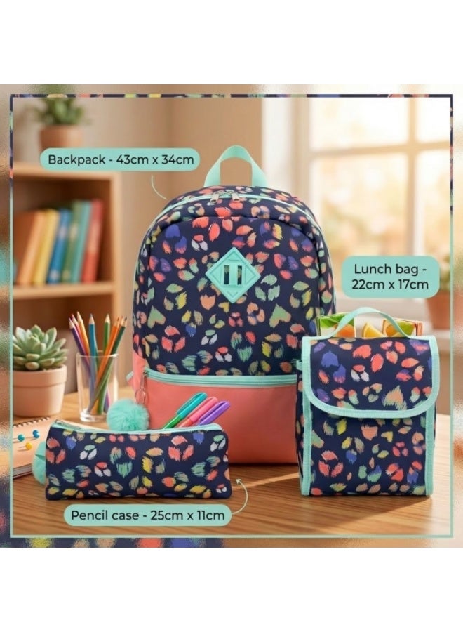 Dealzlot 3-Piece Kids Backpack Set for Girls – School Backpack with Lunch Bag & Pencil Case | Floral Print Bookbag for Elementary School, Travel & Daily Use | Lightweight, Durable - Image 2