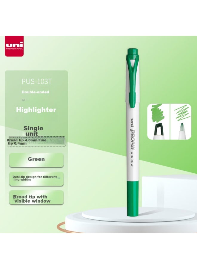 Uni Mitsubishi Dual-tip Highlighter Pen, Student Homework Journal Drawing Marker Pen, Colorful Pen, Fine 0.4mm Thick 4mm, Pus-103t, 1 Pen/pack, Green - Image 1
