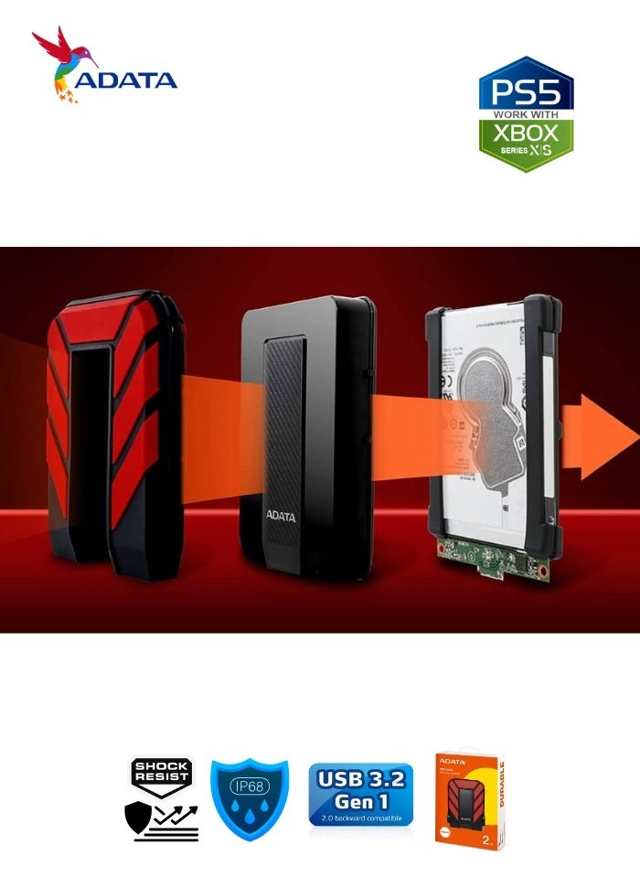 ADATA - HD710 Pro DURABLE 2TB External HDD | Fast Data Anti-Shock Hard Drive | Compatible with PS5 XBOX | Shockproof Waterproof | Red - Image 1