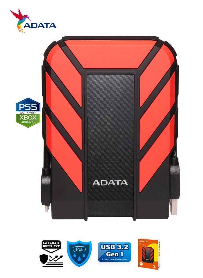 ADATA - HD710 Pro DURABLE 2TB External HDD | Fast Data Anti-Shock Hard Drive | Compatible with PS5 XBOX | Shockproof Waterproof | Red - Image 1