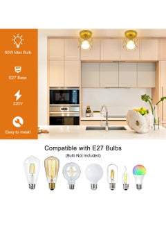 Ganeed Vintage Metal Cage Ceiling Lights, Semi-Flush Mount Ceiling Lighting Fixture for Hallway, Dining Room, Bedroom, Balcony, Kitchen, Farmhouse Indoor Lighting（Gold，2 Packs）  - Image 4