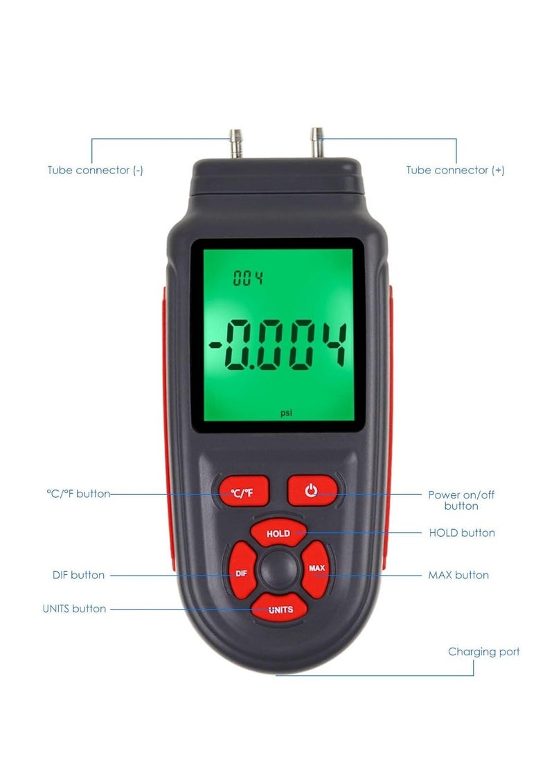 Generic - Manometer Selectable Units Differential Pressure Gauge ±3Psi High Measuring Range HVAC 12 Professional Handheld Dual-Port Air Temperature Meter - Image 1