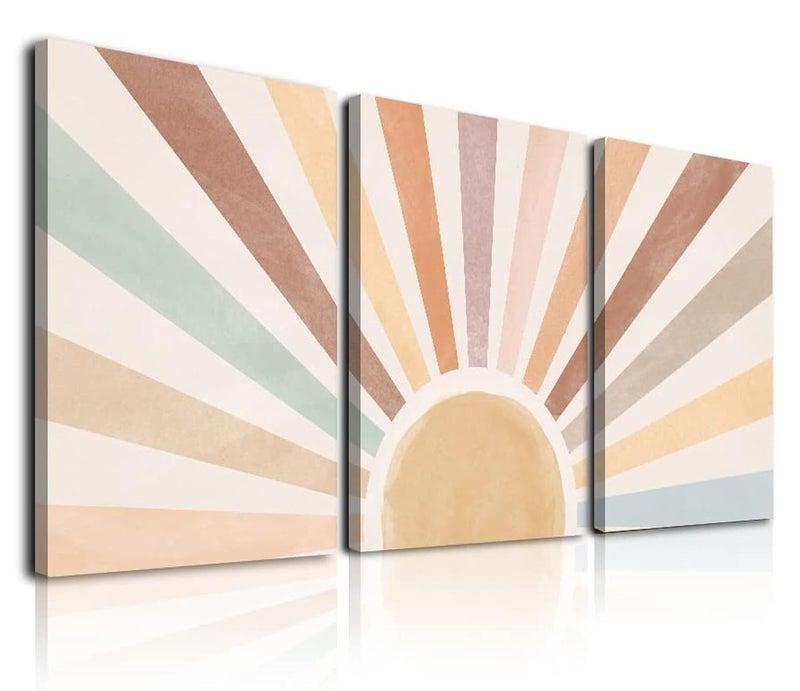 Boho Sun Wall Art Set of 3 Framed Canvas Wall Art Rainbow Sun Rising on the Horizon Geometric Nature Illustrations Line Art Wall Office 12x16 Watercolor