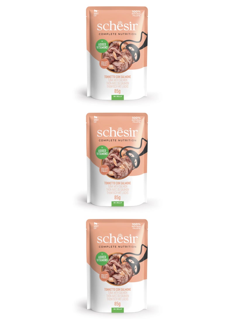 شيسر طعام القطط الرطب شيسير المتكامل والمتوازن في كيس جيلي - تونة مع سلمون 85 جم × 3 قطع - Image 1