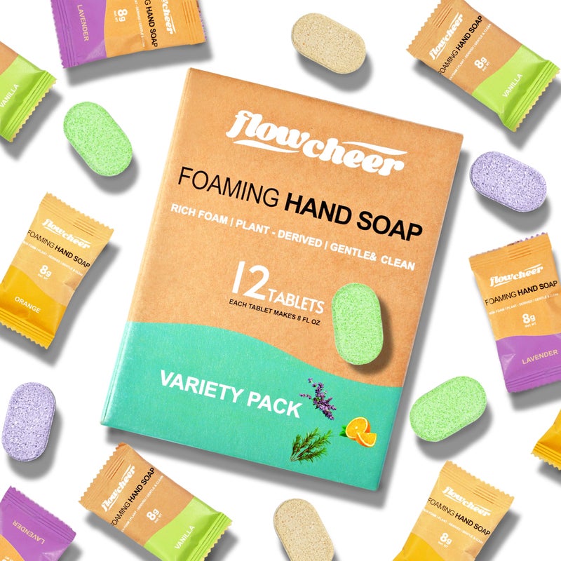 flowcheer Foaming Hand SoapTablets Refill, 12 Pack (Makes 12 x 9 fl oz), Eco Hand Soap Refills, Plant-Based, Natural Scents, Works with Any Foaming Dispenser,Variety Fragrance, No Plastic Bottle - Image 1